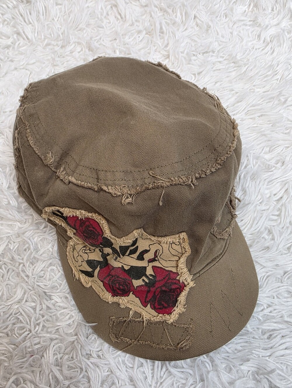 Gothic Distressed Rose Cadet Cap Y2K Whimsigoth Military Hat Olive Brown
